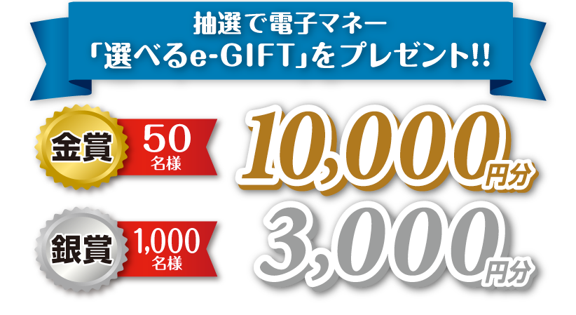 抽選で電子マネー「選べるe-GIFT」をプレゼント！！金賞：50名様 10,000円分、銀賞:3,000円分 1,000名様